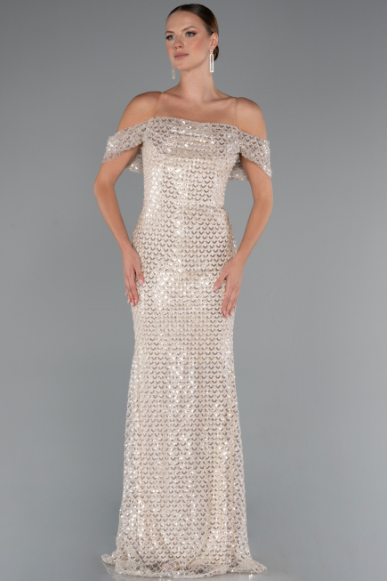 Abendkleid Lang Perlenbesetzt Beige ABU5239