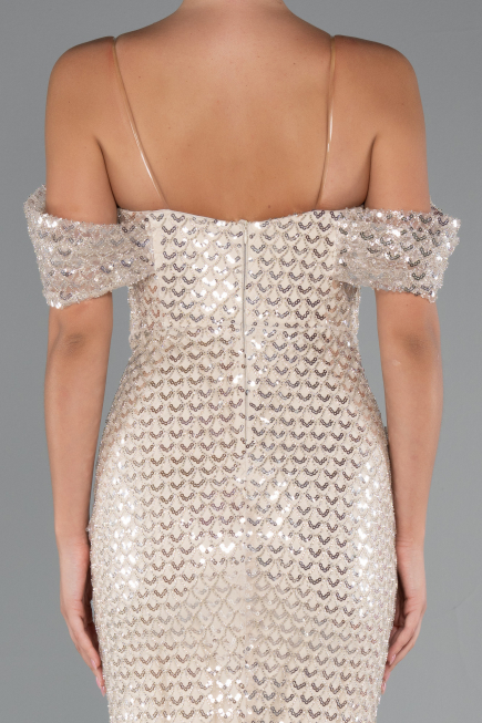 Abendkleid Lang Perlenbesetzt Beige ABU5239
