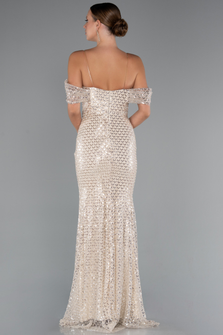 Abendkleid Lang Perlenbesetzt Beige ABU5239