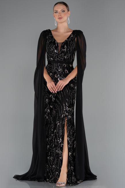 Abendkleid Lang Perlenbesetzt Schwarz ABU5248