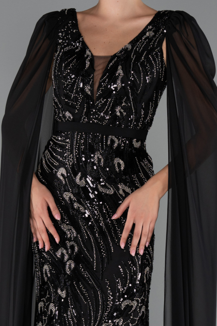 Abendkleid Lang Perlenbesetzt Schwarz ABU5248