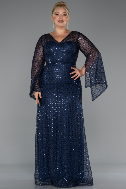 Abendkleid in Übergröße Lang Perlenbesetzt Marineblau ABU5243