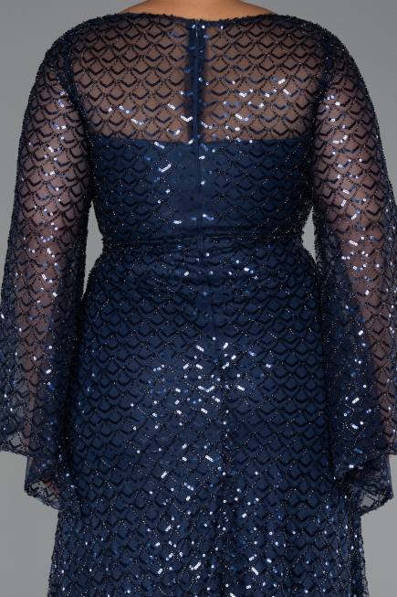 Abendkleid in Übergröße Lang Perlenbesetzt Marineblau ABU5243