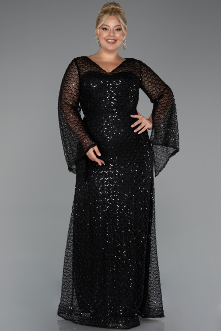 Abendkleid in Übergröße Lang Perlenbesetzt Schwarz ABU5243