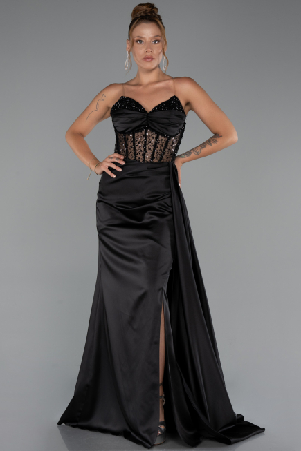 Abendkleid Lang Satin Schwarz ABU5288