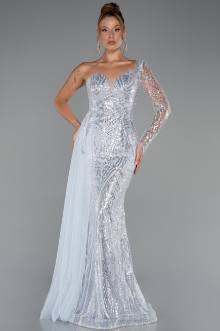 Abendkleid Lang Perlenbesetzt Eisblau ABU5269
