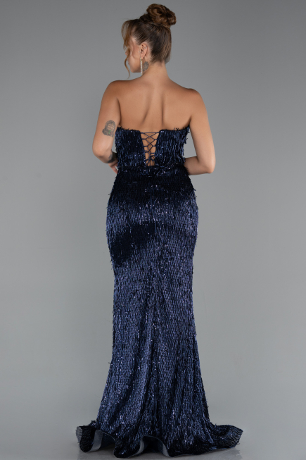 Abendkleid Lang Perlenbesetzt Marineblau ABU5292