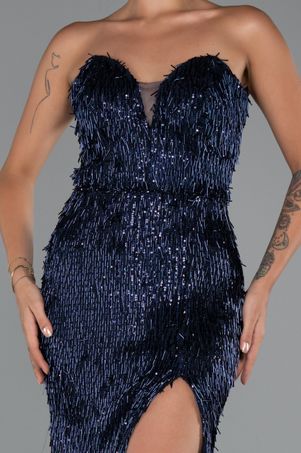 Abendkleid Lang Perlenbesetzt Marineblau ABU5292