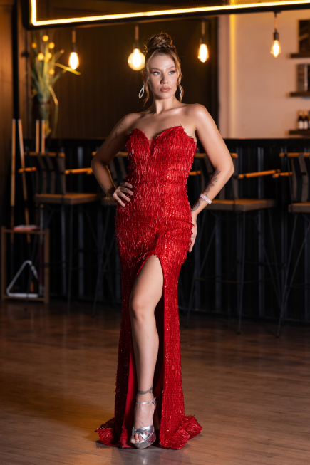 Abendkleid Lang Perlenbesetzt Rot ABU5292