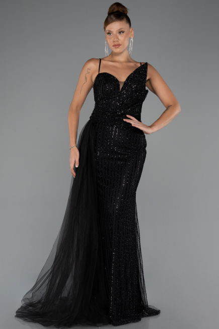 Abendkleid Lang Perlenbesetzt Schwarz ABU5297