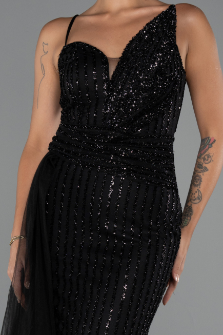 Abendkleid Lang Perlenbesetzt Schwarz ABU5297