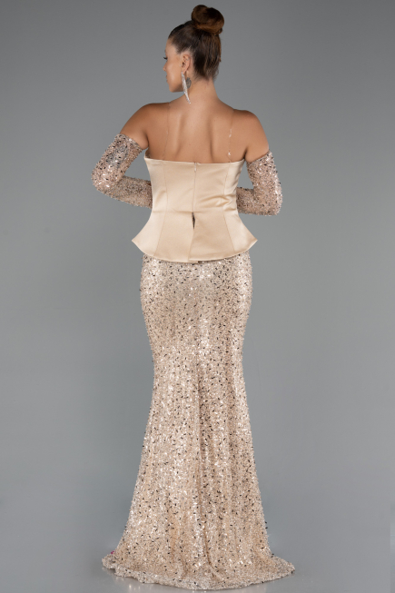 Abendkleid Lang Perlenbesetzt Gold ABU5303