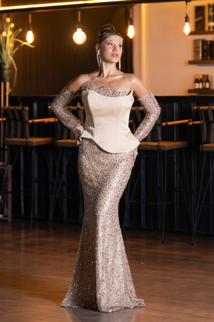 Abendkleid Lang Perlenbesetzt Gold ABU5303