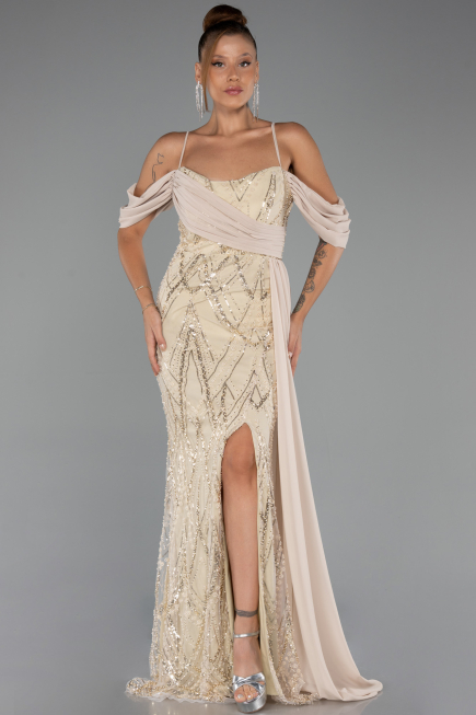Abendkleid Lang Perlenbesetzt Beige ABU5316