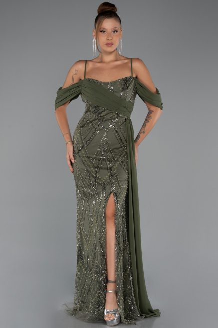 Abendkleid Lang Perlenbesetzt Khaki ABU5316