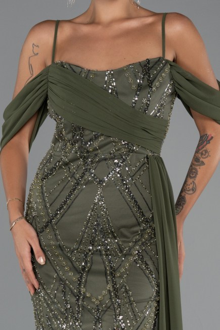 Abendkleid Lang Perlenbesetzt Khaki ABU5316