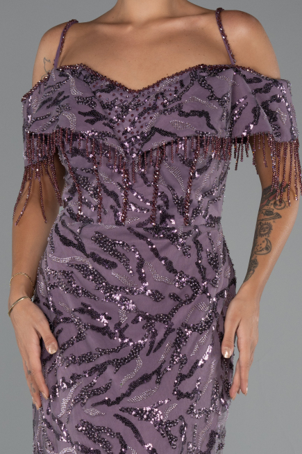 Abendkleid in Übergröße Lang Perlenbesetzt Lavendel ABU5326