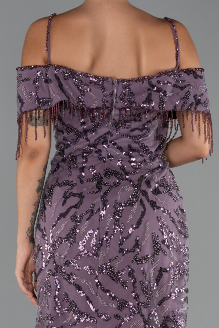 Abendkleid in Übergröße Lang Perlenbesetzt Lavendel ABU5326