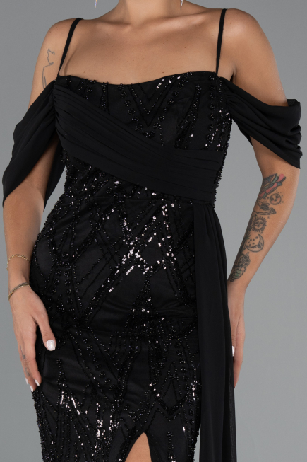 Abendkleid Lang Perlenbesetzt Schwarz ABU5316