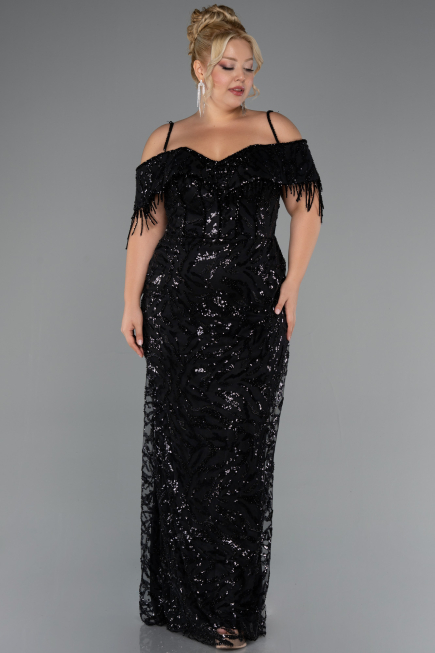 Abendkleid in Übergröße Lang Perlenbesetzt Schwarz ABU5326