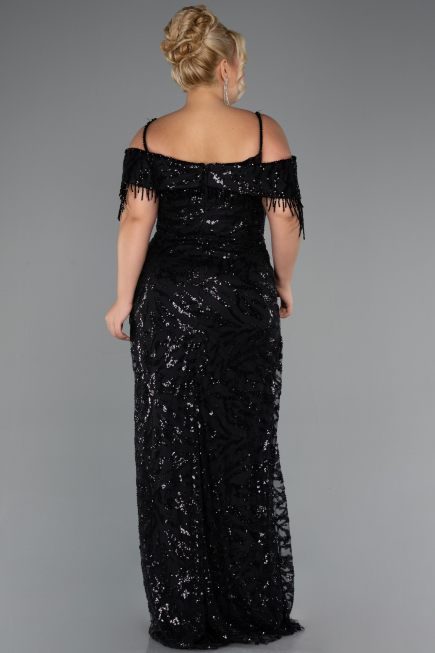 Abendkleid in Übergröße Lang Perlenbesetzt Schwarz ABU5326
