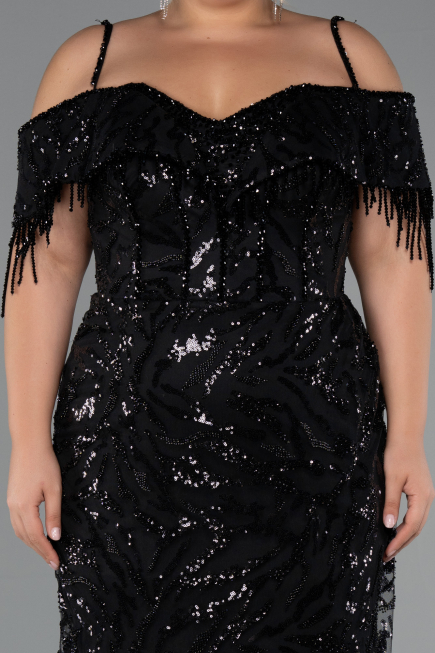 Abendkleid in Übergröße Lang Perlenbesetzt Schwarz ABU5326