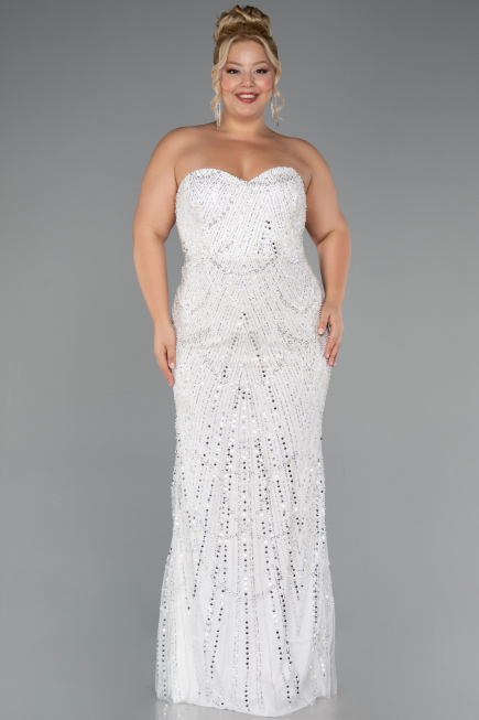 Brautkleid In Übergröße Lang Perlenbesetzt Weiß ABU5328