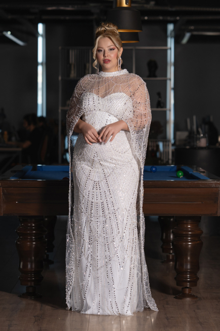 Brautkleid In Übergröße Lang Perlenbesetzt Weiß ABU5328