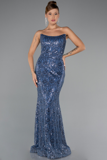 Abendkleid Lang Perlenbesetzt Indigo ABU5345