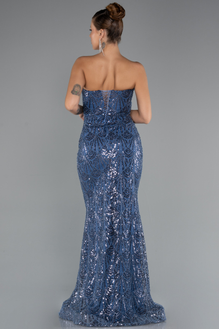 Abendkleid Lang Perlenbesetzt Indigo ABU5345