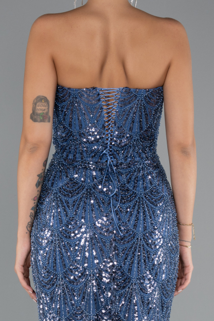Abendkleid Lang Perlenbesetzt Indigo ABU5345