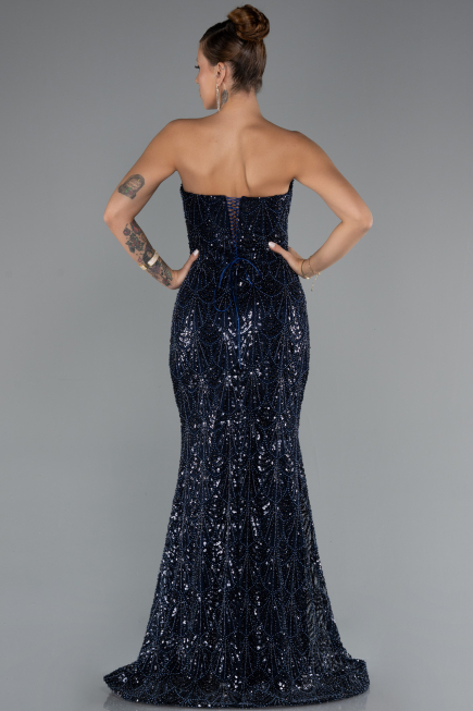 Abendkleid Lang Perlenbesetzt Marineblau ABU5345