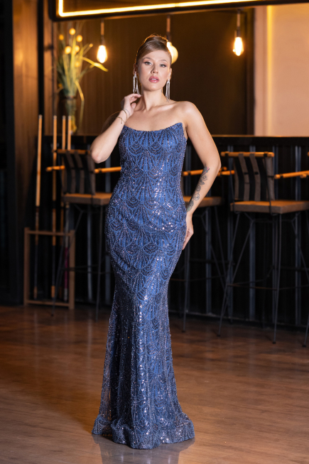 Abendkleid Lang Perlenbesetzt Indigo ABU5345