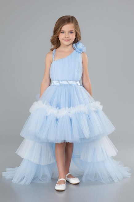 Abendkleid für Kinder Vorne Kurz-Hinten Lang Eisblau ABO114