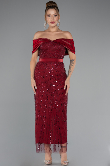 Partykleid Midi Perlenbesetzt Weinrot ABK2453