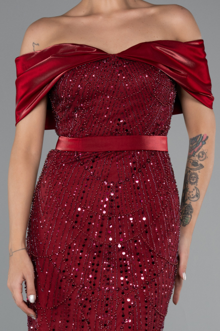 Partykleid Midi Perlenbesetzt Weinrot ABK2453