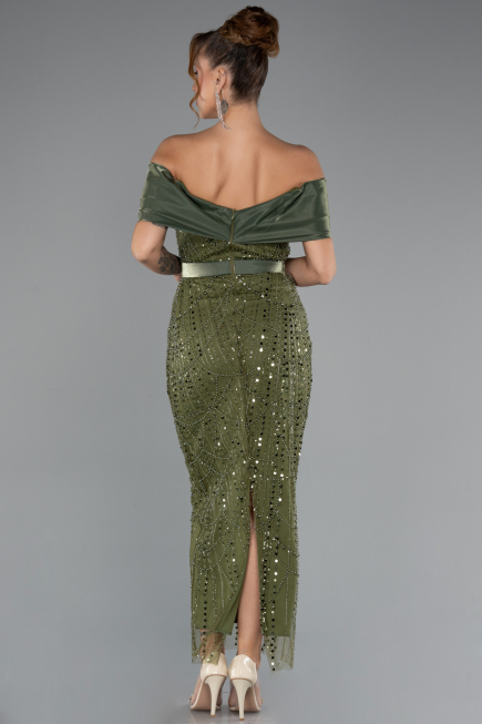 Partykleid Midi Perlenbesetzt Khaki ABK2453