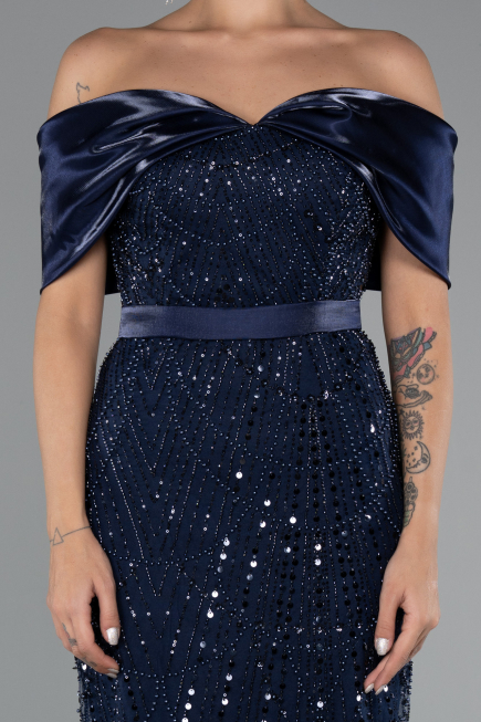 Partykleid Midi Perlenbesetzt Marineblau ABK2453