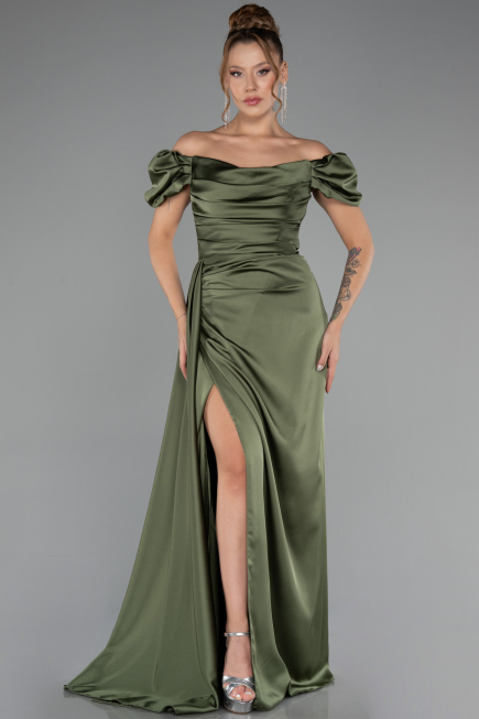 Khaki Verlobungskleid Satin Lang ABU1606