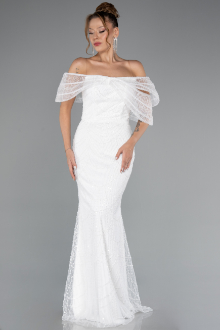 Abendkleid Lang Perlenbesetzt Weiß ABU5371