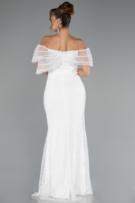 Abendkleid Lang Perlenbesetzt Weiß ABU5371