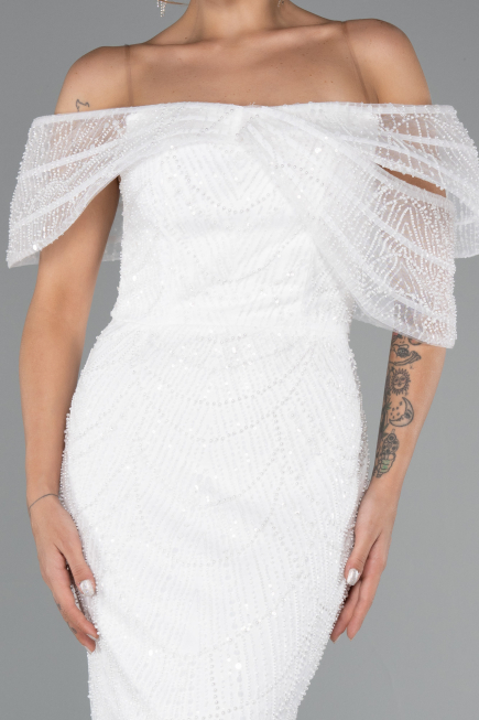 Abendkleid Lang Perlenbesetzt Weiß ABU5371