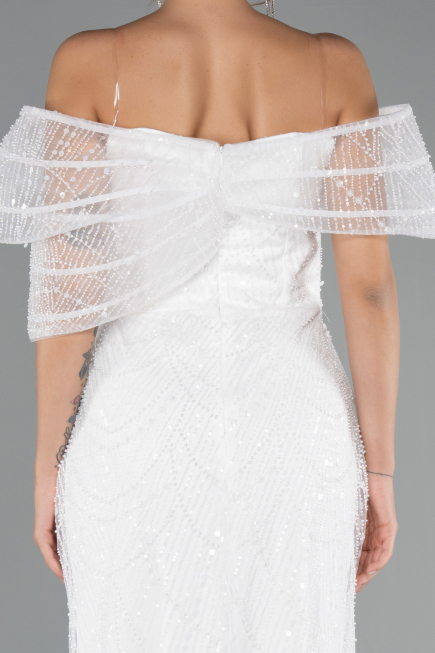 Abendkleid Lang Perlenbesetzt Weiß ABU5371