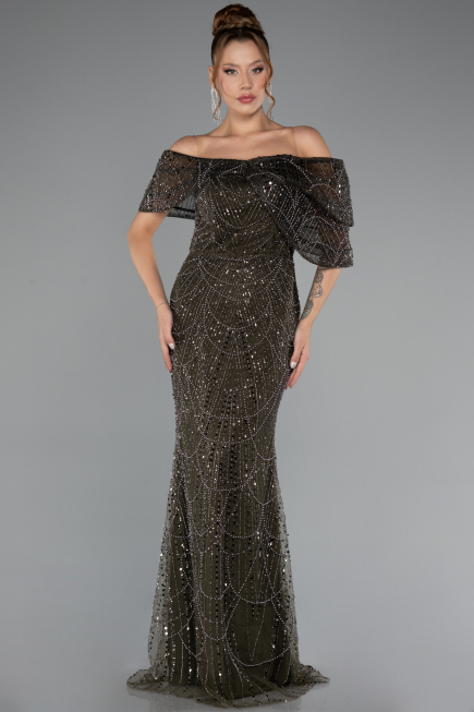 Abendkleid Lang Perlenbesetzt Khaki ABU5371