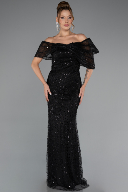 Abendkleid Lang Perlenbesetzt Schwarz ABU5371
