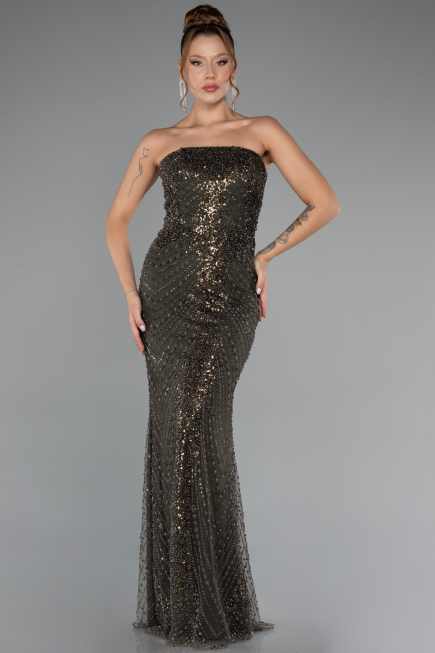 Abendkleid Lang Perlenbesetzt Khaki ABU5363
