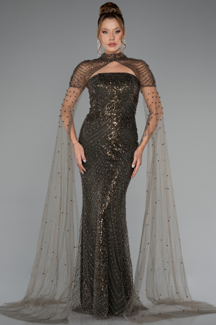 Abendkleid Lang Perlenbesetzt Khaki ABU5363