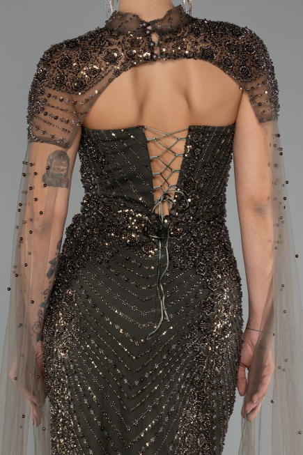 Abendkleid Lang Perlenbesetzt Khaki ABU5363