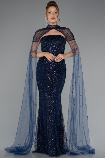 Abendkleid Lang Perlenbesetzt Marineblau ABU5363