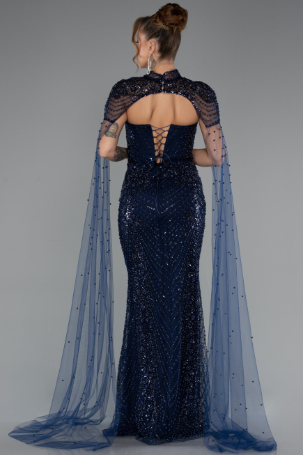 Abendkleid Lang Perlenbesetzt Marineblau ABU5363